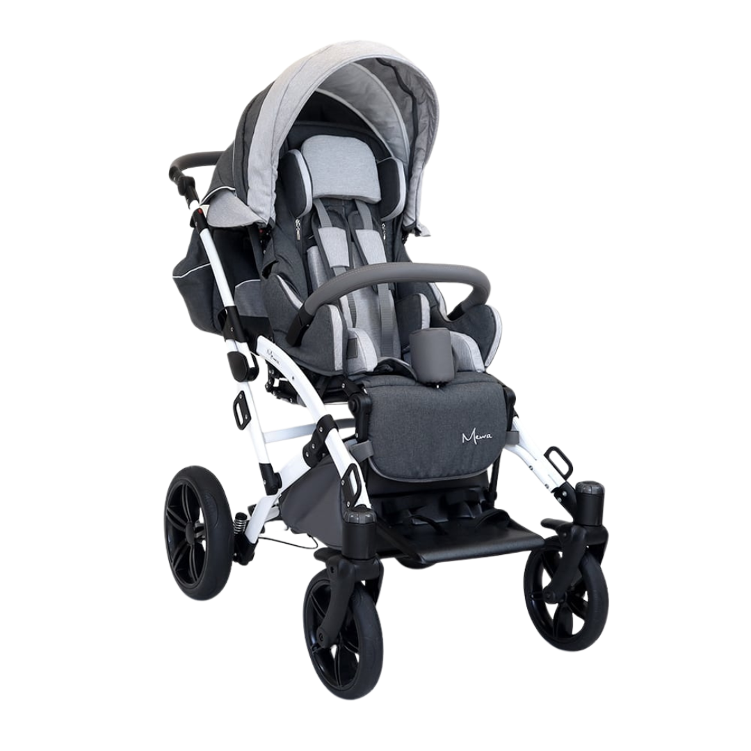 A modern gray and black baby stroller with a canopy, padded seat, safety harness, footrest, and large wheels, designed for comfort and safety.