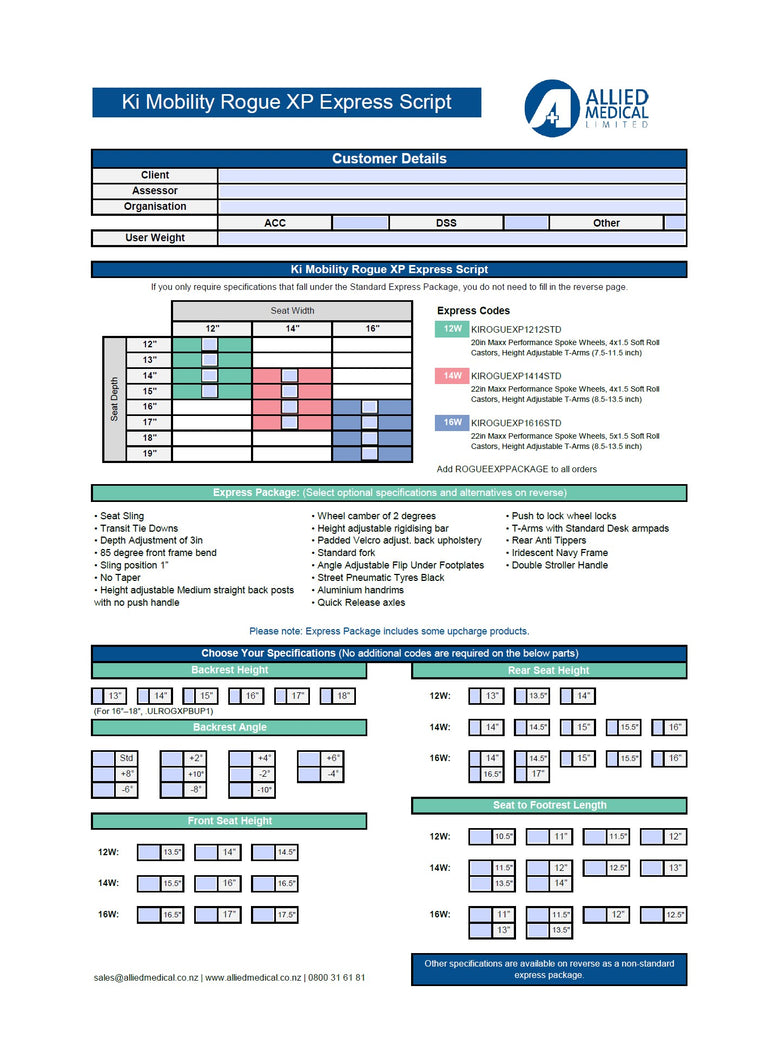 Ki Mobility Rogue XP Express Script for Allied Medical. Offers a standard package for assessors to use for clients.